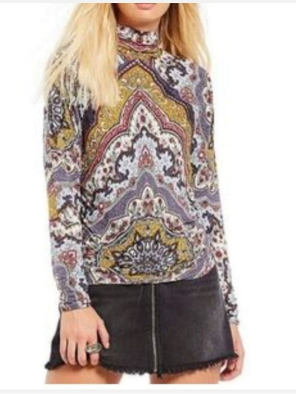Free People Chase Me Top Wisteria Combo XS Boho Paisley Mock Neck Fitted Layer - Picture 2 of 14